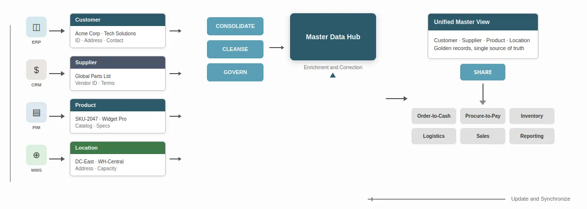 Master data domains diagram — customer, supplier, product, and location connecting to transactional processes